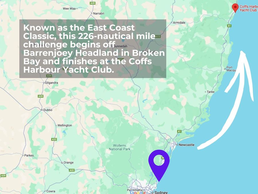 Image credit: Known as the East Coast Classic, this 226-nautical mile challenge begins off Barrenjoey Headland in Broken Bay and finishes at the Coffs Harbour Yacht Club. Google maps.