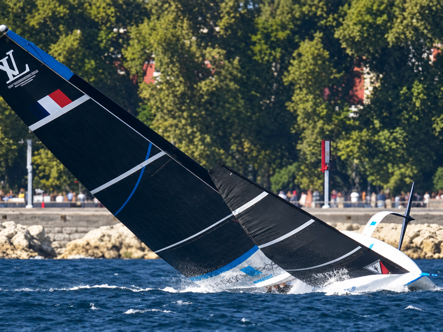 La Roche-Posay capsize in Race 5 of Day 2 of the Louis Vuitton 38th America's Cup Preliminary Regatta
