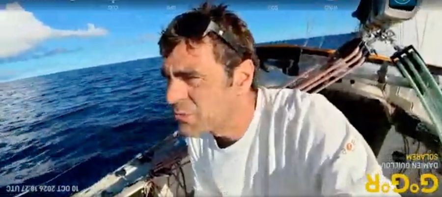 Damien Guillou sailing Solarem is underway after a brief refreshment stop