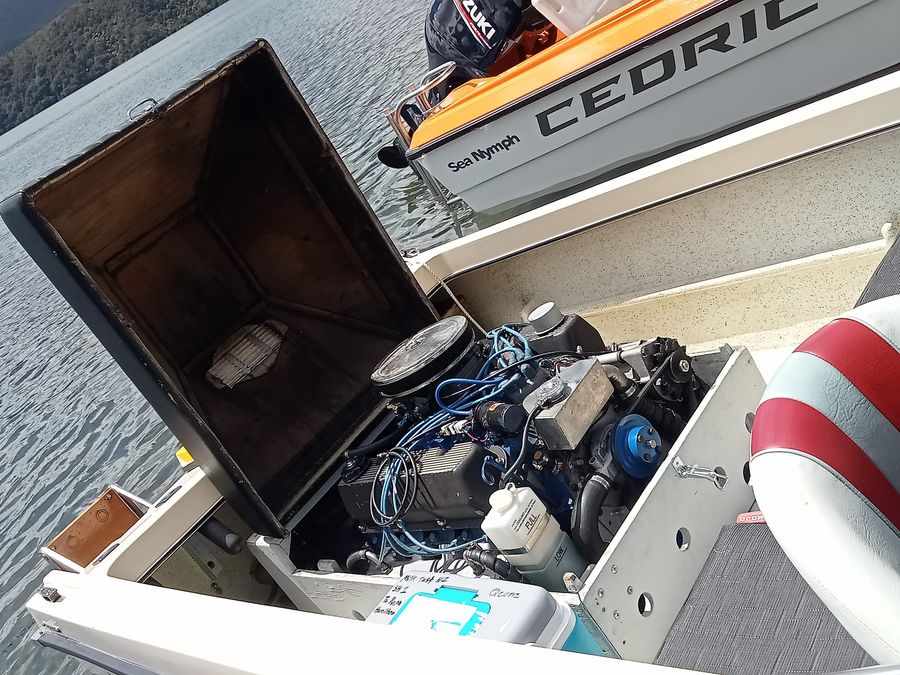 Hamilton jet engine open for perusal, NZ Retro Boats, Lake Tarawera Gathering