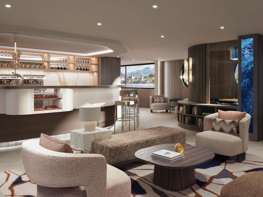 Library coffee bar (looking forward) in the TDoS 135m river cruise concept vessel designed for Transcend Cruises.