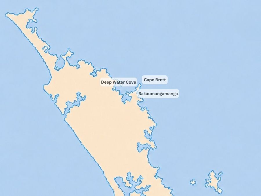 Location of Cape Brett, Deep Water Cove, and Rakaumangamanga