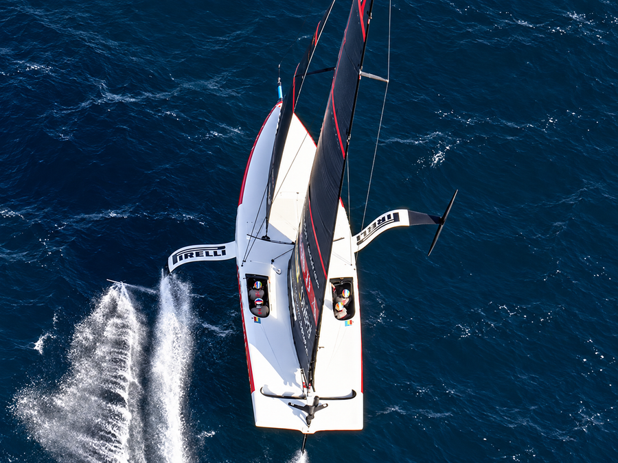 Looking down upon Luna Rossa 1 in the 2026 Naples Preliminaries Day 3, Race 8.