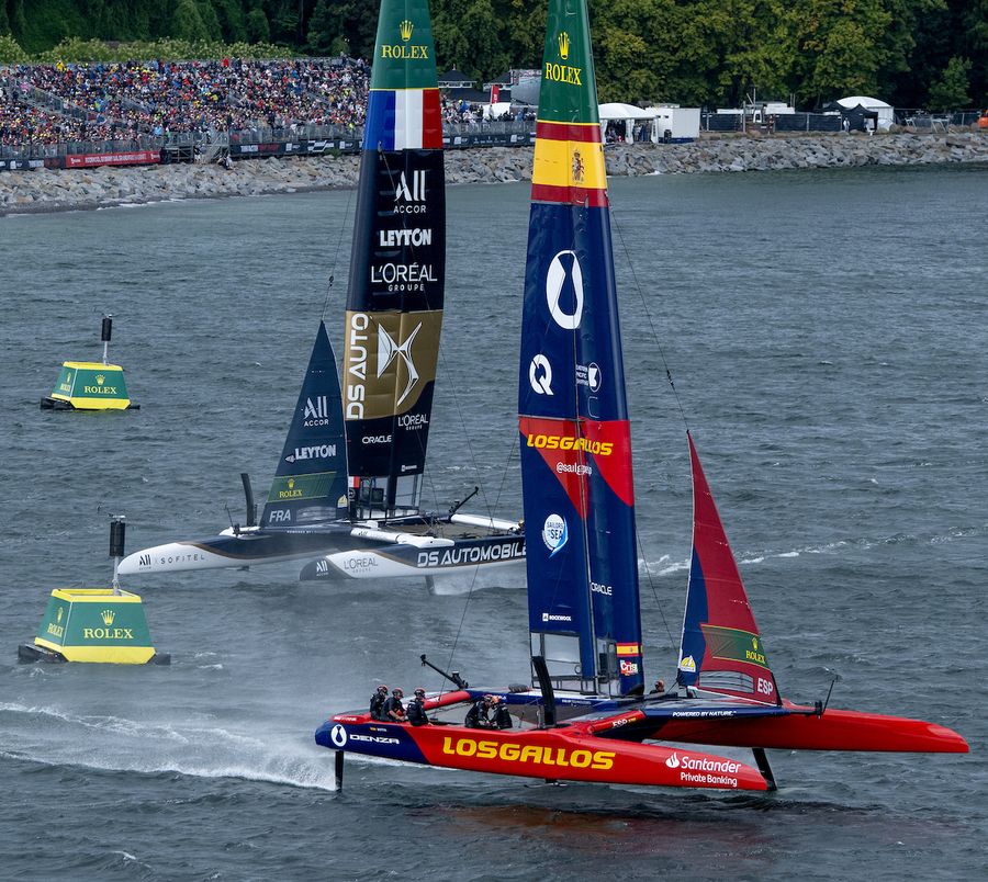 Los Gallos SailGP Team driven by Diego Botin and DS Automobiles SailGP Team France driven by Quentin Delapierre on Race Day 1 of the ROCKWOOL Germany Sail Grand Prix in Sassnitz, Germany. Saturday 22 August 2026. Rolex SailGP Championship Event 9 2026 Season. Photo: Ricardo Pinto for SailGP.