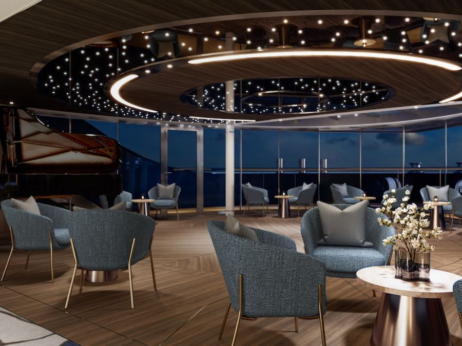 Main lounge dance floor and piano in the TDoS 135m river cruise concept vessel designed for Transcend Cruises.