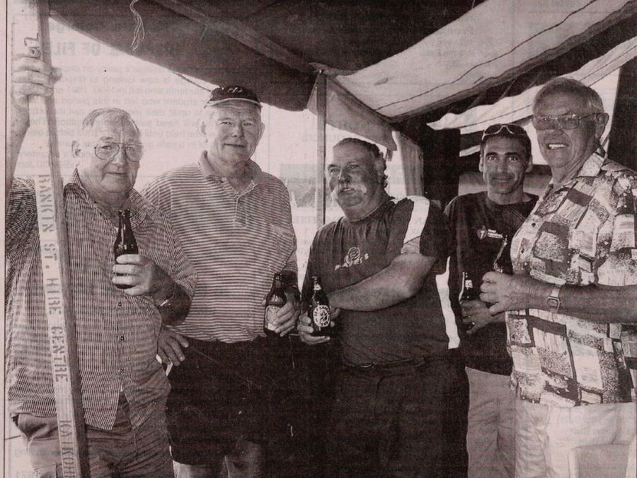 THE BUZZ of happy sailors filled the marquee on Opua Wharf each evening during the Bay of Islands Sailing Week. Contributing were, from left, Danny O'Shea of Maungakaramea, Paul Younger of Dargaville, Rod Grimwood of Opua, Nick Watson of Auckland, and Garth Robinson of Paihia. Courtesy of the Northland Age.