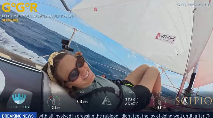Norway's Helga Marie 'Mara' Løvenskiold Kveseth enjoys a moment on deck aboard Showgirl in this GGR Window LIVE image from 17 September, logging 7.3 knots.