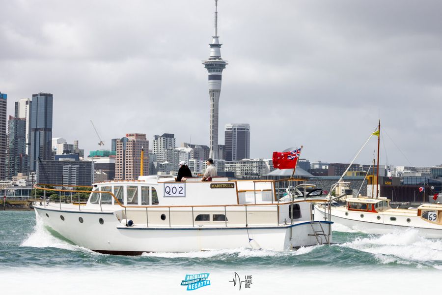 Maristella and Pacific in the Classic Launch Harbour Race in the 2025 Auckland Anniversary Regatta. Monday 27 January. Photo: Suellen Hurling / Live Sail Die