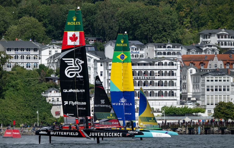 NORTHSTAR SailGP Team driven by Giles Scott races alongside Mubadala Brazil SailGP Team driven by Martine Grael on Race Day 2 of the ROCKWOOL Germany Sail Grand Prix in Sassnitz, Germany. Sunday 23 August 2026. Rolex SailGP Championship Event 9 2026 Season. Photo: Ricardo Pinto for SailGP. 