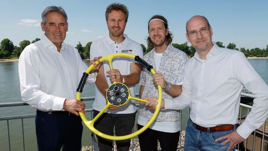 Russell Coutts welcomes Germany driver Erik Heil, co-owner Sebastian Vettel and team owner Thomas Riedel to SailGP.