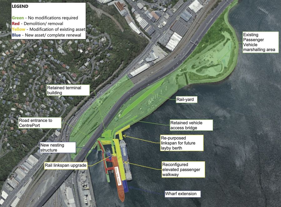 Along with the announcement, graphics of impacted land-side infrastructure were released. Here its possible to see, in Wellington, the impacts on the existing and new-build infrastructure required for loading, unloading and managing the ferries.
