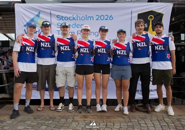 New Zealand's Team Racing Worlds squad: Jordan Stevenson, Mason Mulcahy, Rebecca Morgan, Zoe Dawson, Frankie Dair, George Angus, Luis Schneider and Maeve White.