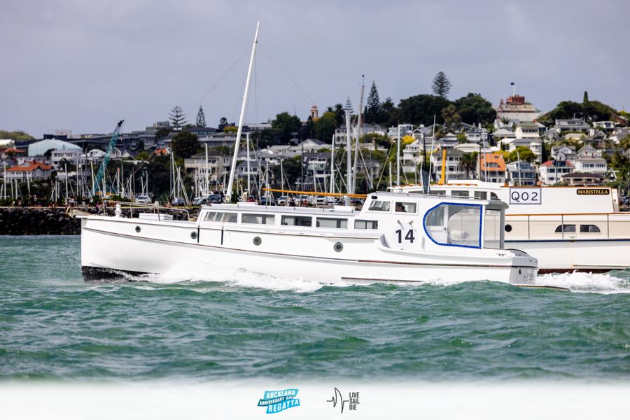 Paikea and Maristella in the Classic Launch Harbour Race in the 2025 Auckland Anniversary Regatta. Monday 27 January. Photo: Suellen Hurling / Lvie Sail Die