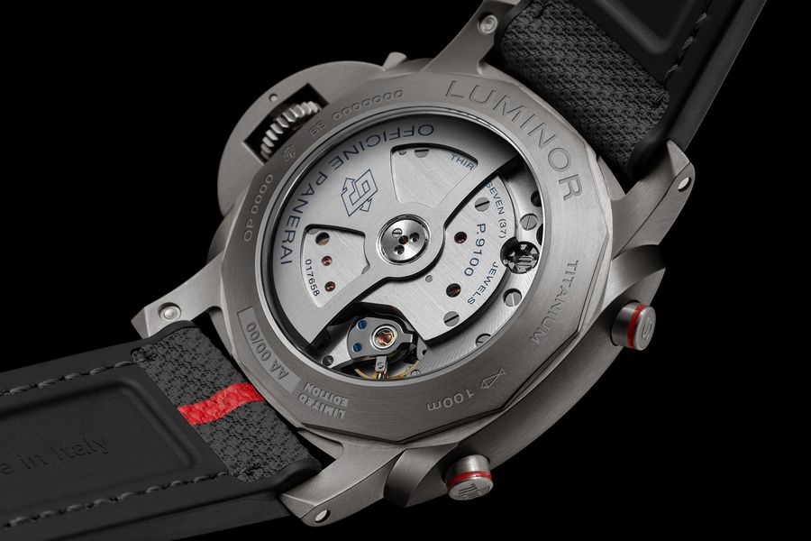 Panerai Luminor Chrono Flyback Luna Rossa Titanio 1. Sorry for showing the back, but its very impressive! The back cover is a glass cover to let you see the mechanism working! Photo credit: Panerai.