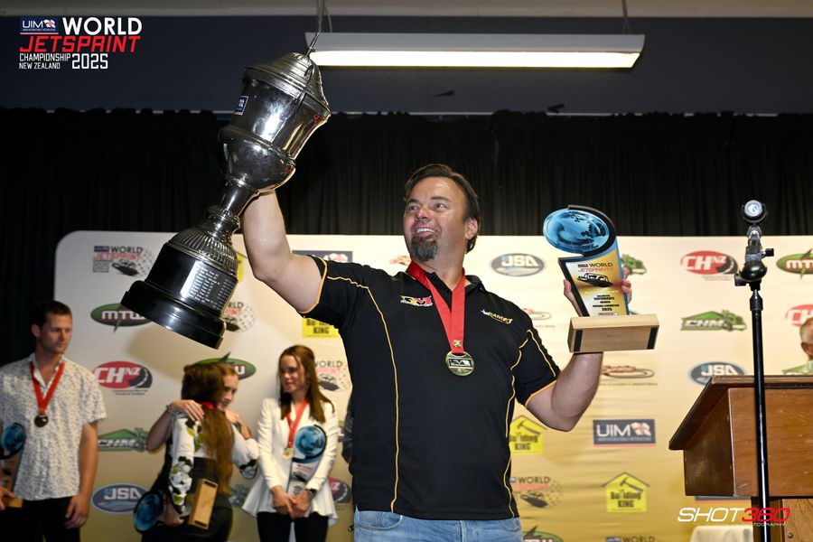 Phonsy Mullan winner of the 2025 Superboat class in the UIM World Jet Sprint Championships / New Zealand Jetsprint Association (Facebook)