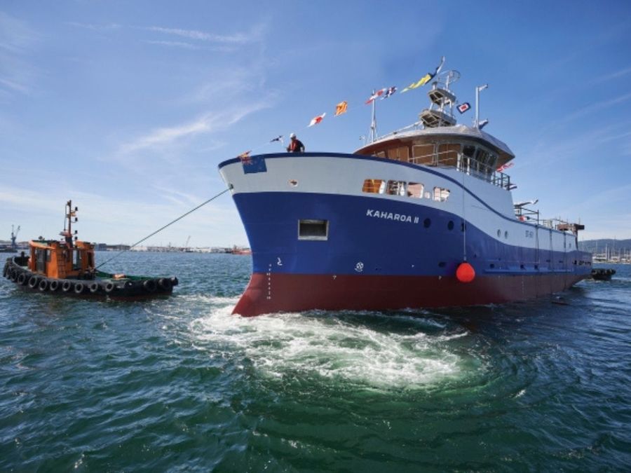 Photo-credit-Moments-after-sliding-down-the-slipway-Kaharoa-II-is-towed-by-a-Vigo-shipyard-tug-to-a-nearby-wharf-to-complete-the-final-fit-out.-Armon-NIWA.jpg
