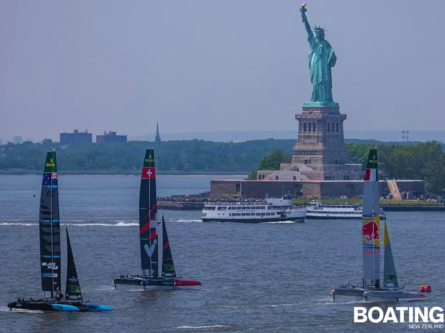 Practice day at SailGP New York, 2025. Black Foils, Red Bull Italy, and the Swiss boat. Photo credit SailGP Media. v2
