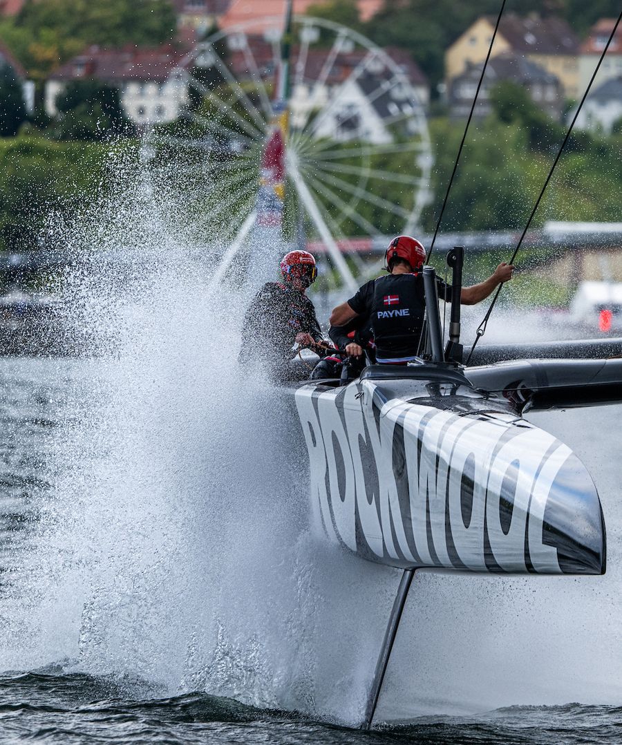 ROCKWOOL Racing SailGP Team driven by Nicolai Sehested in action on Race Day 2 of the ROCKWOOL Germany Sail Grand Prix in Sassnitz, Germany. Sunday 23 August 2026. Rolex SailGP Championship Event 9 2026 Season. Photo: Ricardo Pinto for SailGP.