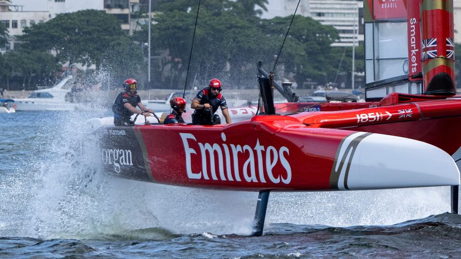 Emirates GBR at full speed on the water in Rio during the 2026 SailGP season.