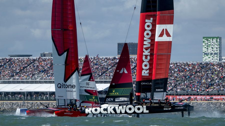 ROCKWOOL Denmark and NorthStar Canada compete against each other at the Portsmouth SailGP event in 2025.