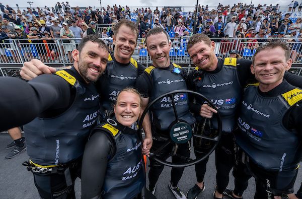 Australia SailGP Team helmed by Tom Slingsby take a selfie with the Wheel on Race Day 2 of The Rolex SailGP 2025 Championship ITM New Zealand Sail Grand Prix in Auckland, New Zealand. Sunday 19 January 2025. Photo: Ricardo Pinto for SailGP.