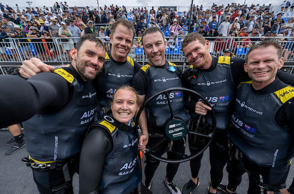 Australia SailGP Team helmed by Tom Slingsby take a selfie with the Wheel on Race Day 2 of The Rolex SailGP 2025 Championship ITM New Zealand Sail Grand Prix in Auckland, New Zealand. Sunday 19 January 2025. Photo: Ricardo Pinto for SailGP.