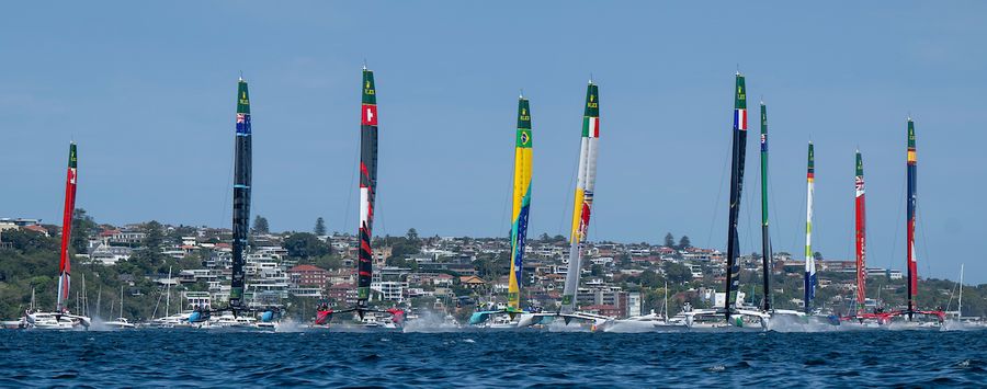 General view of the SailGP F50 catamaran fleet on Race Day 1 of the KPMG Australia Sail Grand Prix in Sydney, Australia. Saturday 8 February 2025. Rolex SailGP Championship Event 3 Season 2025. Photo: Ricardo Pinto for SailGP. Photo credit: SailGP