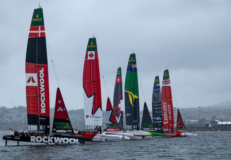 ROCKWOOL Denmark SailGP Team helmed by Nicolai Sehested& Canada NorthStar SailGP Team helmed by Giles Scott lead Switzerland SailGP Team, Australia SailGP Team, Emirates Great Britain SailGP Team and New Zealand SailGP Team during a practice session ahead of the Rolex Los Angeles Sail Grand Prix held in the Port of Los Angeles, California, USA. Friday 14 March 2025. Rolex SailGP Championship Event 4 Season 2025. Photo: Ricardo Pinto for SailGP. Photo credit: SailGP media