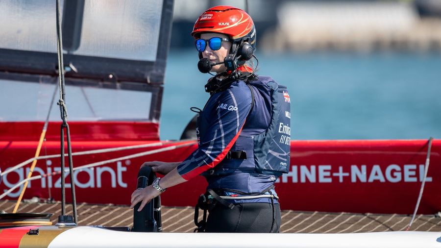 Hannah Mills at the helm of Emirates GBR during Season 4 racing in Abu Dhabi.