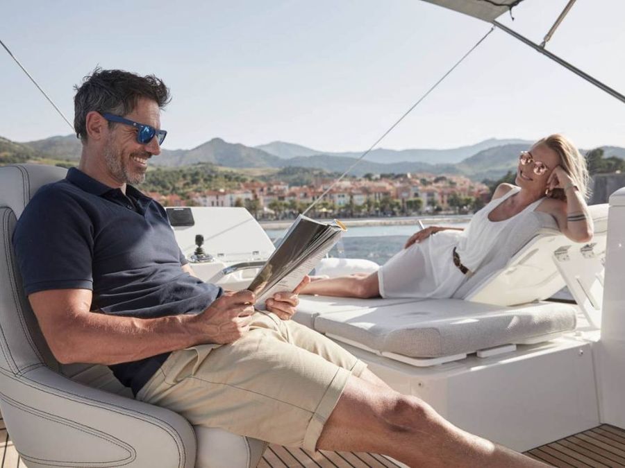 Relaxing above on the flydeck of the 2020 Prestige 420 FLY