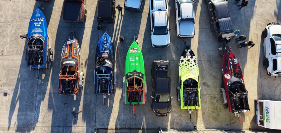 River racers line up ahead of the 2026 Golden Homes Southland River Race on the Ōreti River.