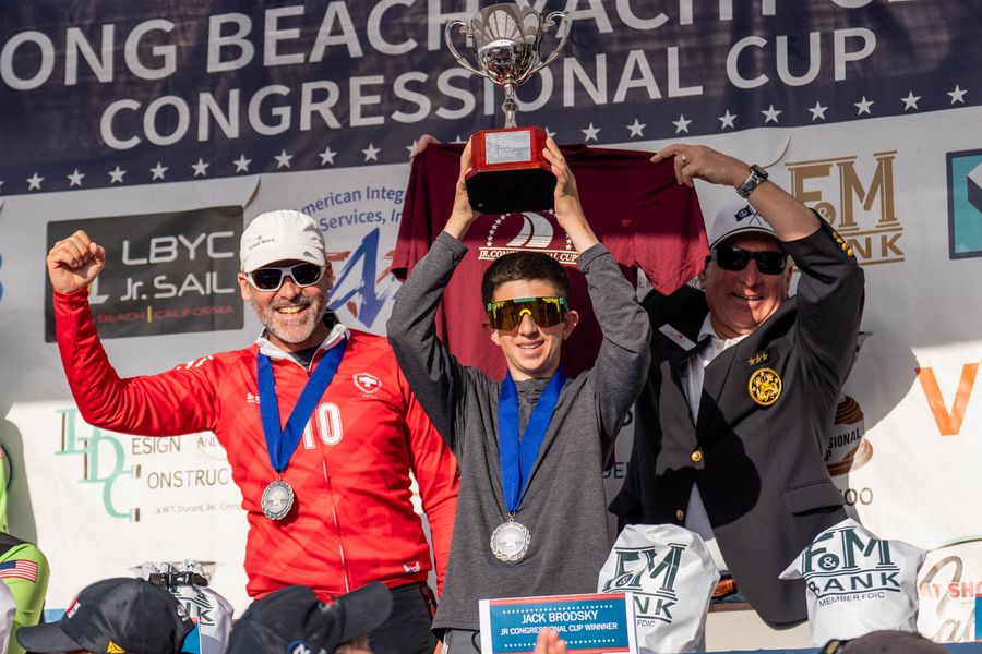 Junior Congressional Cup winner Jack Brodsky pictured with Eric Monnin and LBYC Commodore Bob Piercy.