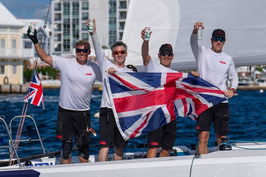 Khmbu Racing celebrates their 2026 Bermuda Gold Cup win: Richard Sydenham, Christian Hamilton, Jon Gundersen and Ian Williams.