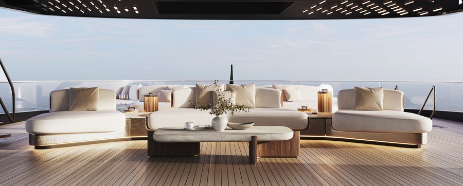The ISA Essence 82m’s expansive outdoor lounge, with wraparound seating and uninterrupted views across the water.