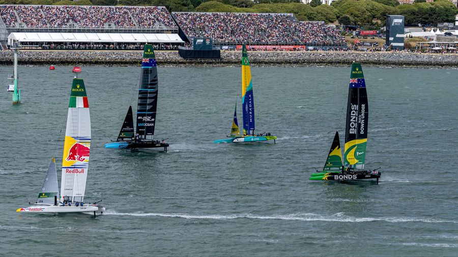 Italy leads the SailGP fleet on the water at Portsmouth during the 2025 season.
