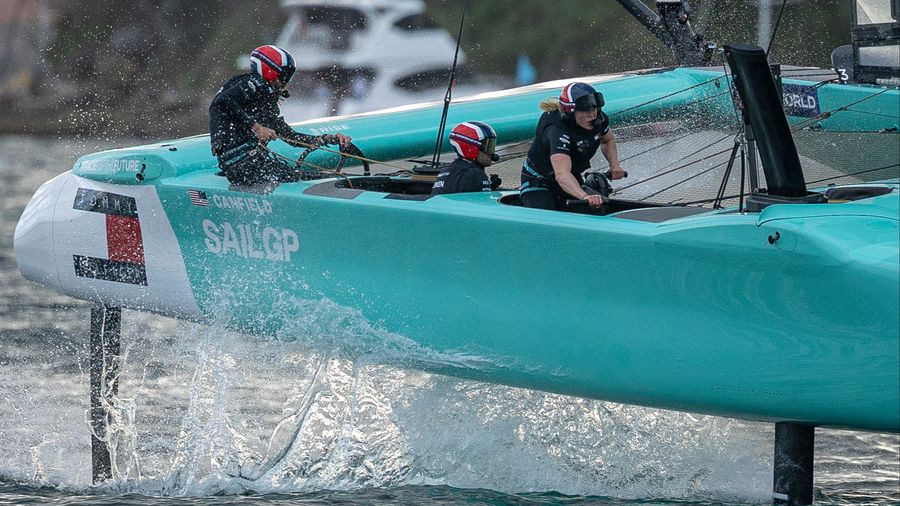 Anna Weis on the grinding handles for the United States SailGP Team during the 2026 season