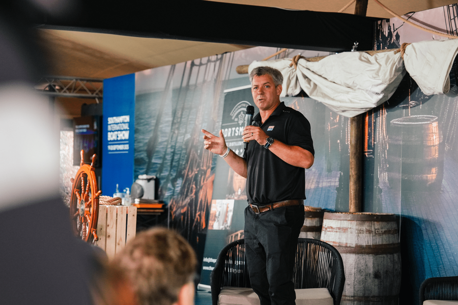 A speaker presents on the Boating Stage at the Southampton show.