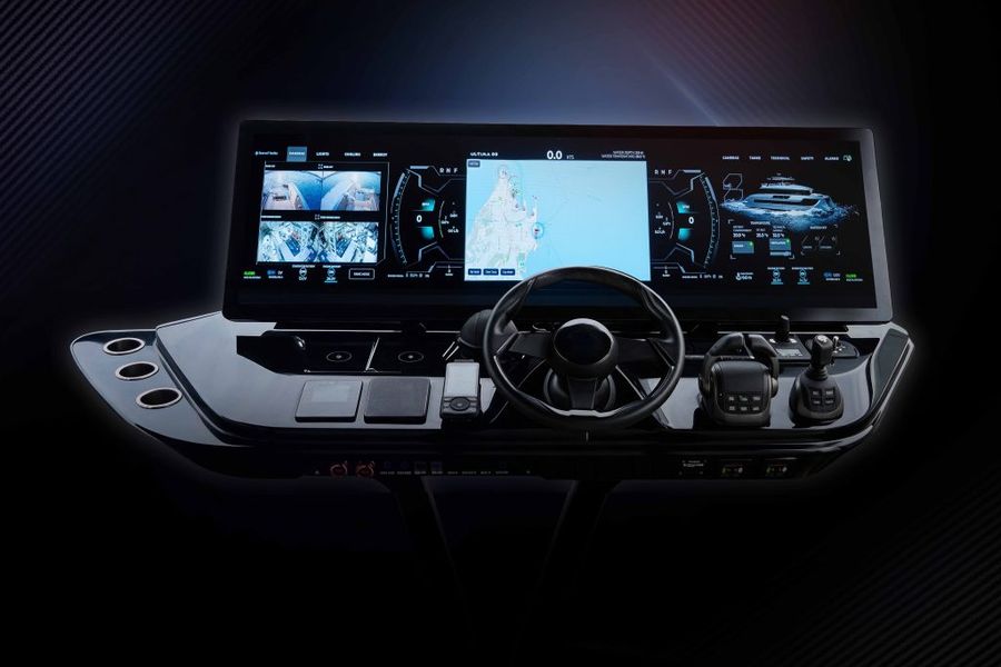 Sunreef's new control dashboard combines navigation maps, camera feeds and vessel systems across multiple digital screens flanking the helm.
