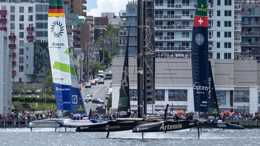 Germany and Explora Swiss race close to shore in Halifax during the 2026 season.