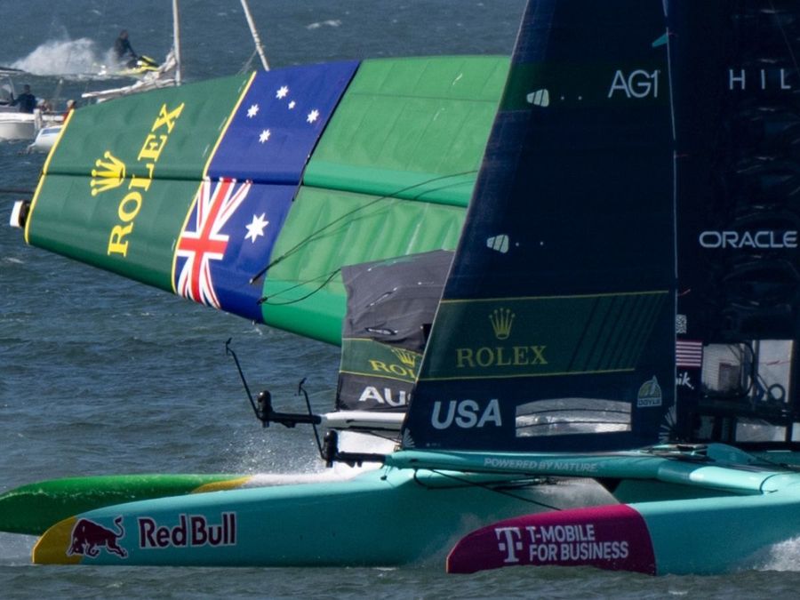SailGP Australia wingsail collapses in spectacular fashion in the last fleet race of the San Francisco 2025 event