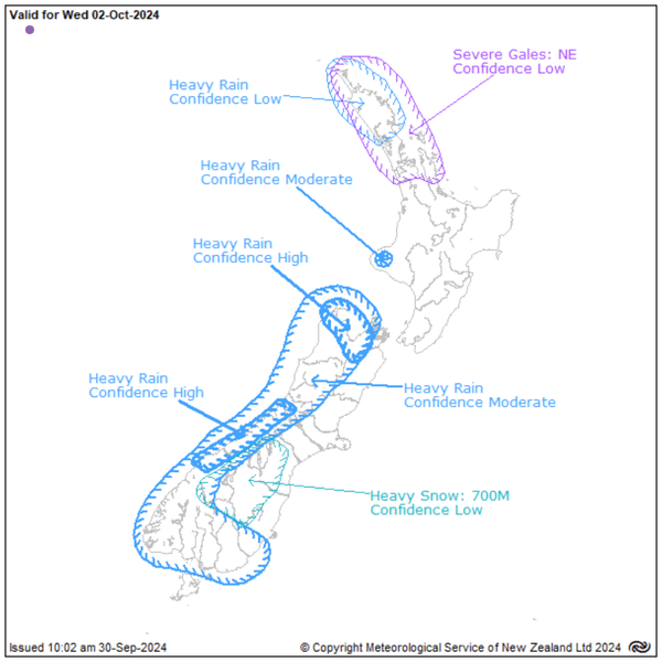 Weather Warning 2nd October. Credits Metservice.co.nz