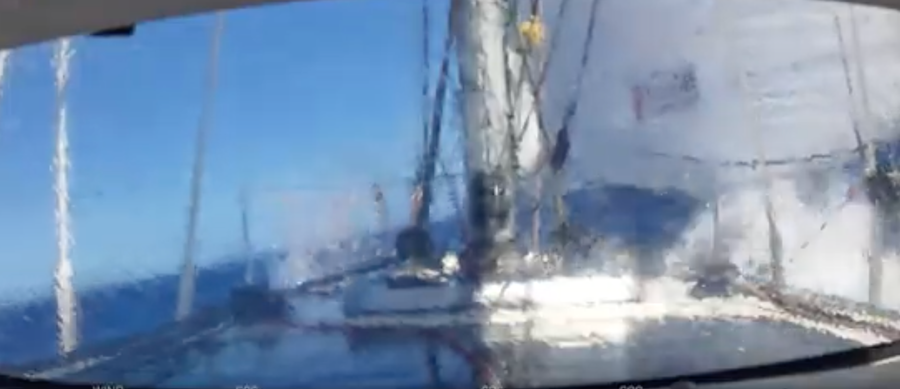 Looking forward from the cockpit with Damien Guillou. Blue sky, good speed and some salt in the air!