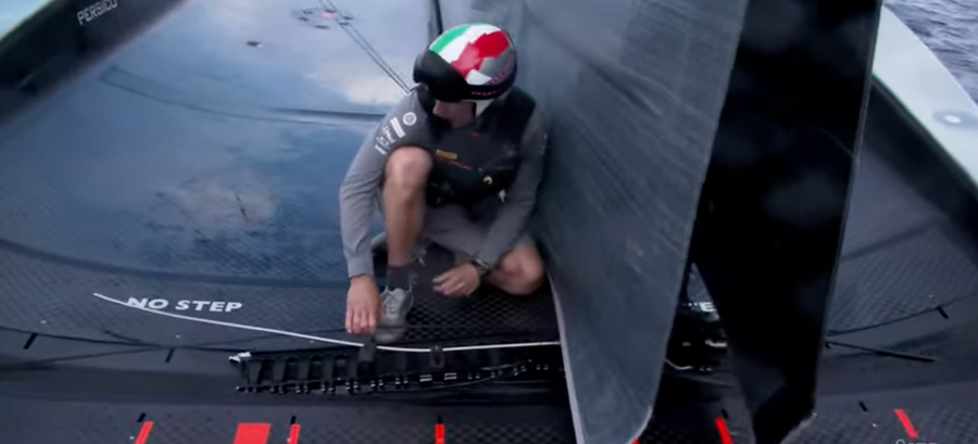 Jimmy Spithill surveying damage on Luna Rossa Photo Credit: AC37 media