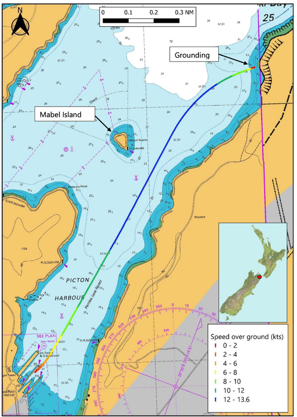 Track of Aratere and location of grounding (derived from automatic identification<br />system data) Photo Credit: TIAC