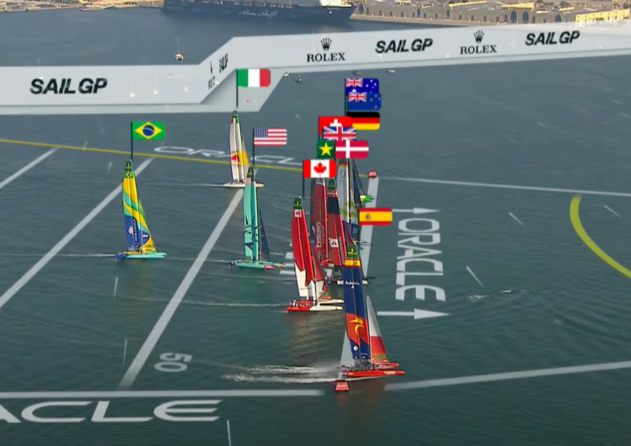 Start Line In Race 5 - the first race on day 2 of the Dubai Round of Sail GP. Photo Credit: SGP Media