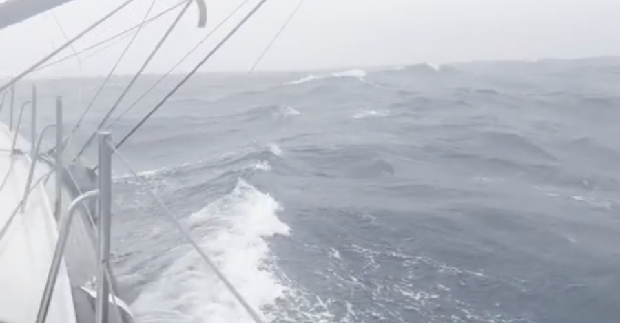 Looking out from his yacht, we can see the very poor sea state.