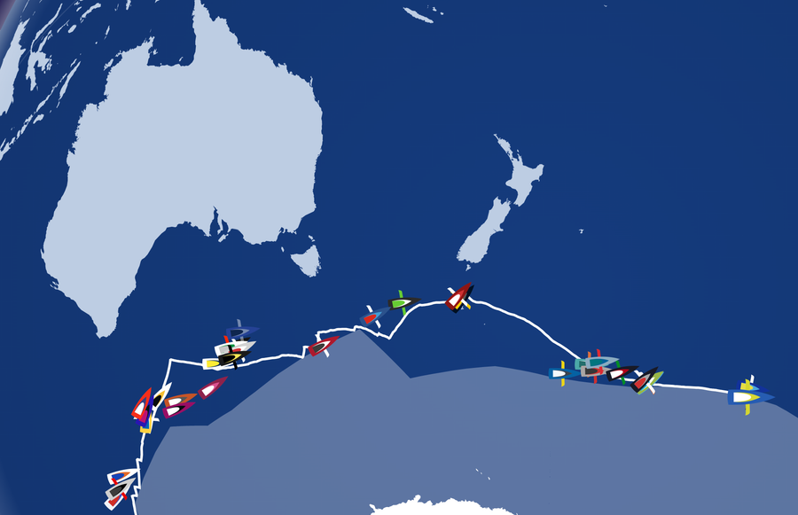 Charlie Dalin and Yoann Richomme are a single boat in todays view - they are so close. Nearby you can see Séb Simon. A good sized pack is past the South of New Zealand and more just below Australia.<br />Conrad Colman, our amazing crazy Kiwi skipper is just online for passing the second Cape!