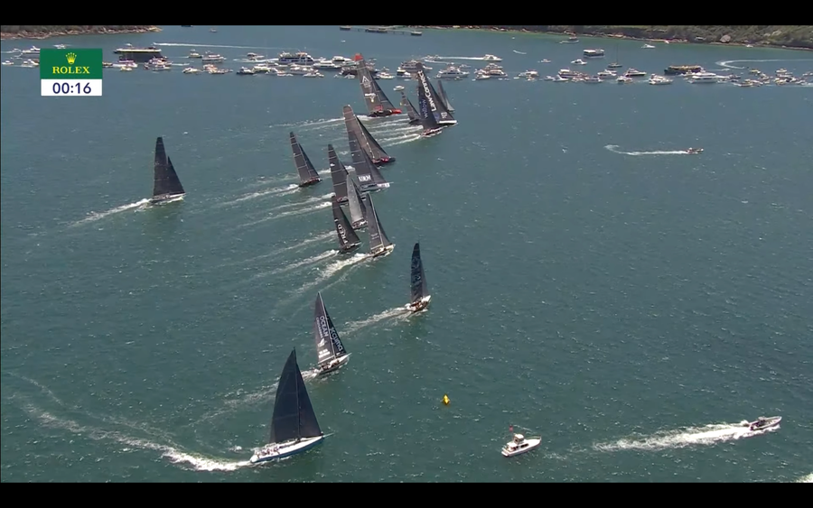 And the yachts cross the start line in the 2024 Rolex Sydney to Hobart. Photo credit: Rolex Sydney to Hobart Media