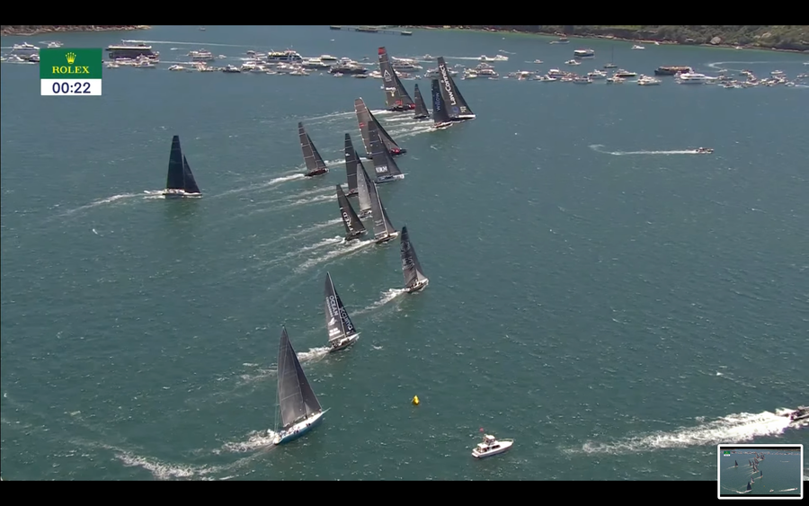 And the yachts cross the start line in the 2024 Rolex Sydney to Hobart. Photo credit: Rolex Sydney to Hobart Media