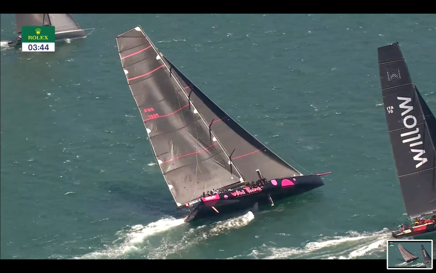 Wild Thing narrowly avoids capsizing within the first 5 minutes of the race, executing an emergency tack to steer clear of Willow. Photo credit: Rolex Sydney to Hobart Media